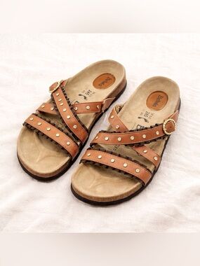 Betula Birkenstock Brown Leather Sandals Studded Comfort Slides Sz US 7/7.5 NWT
